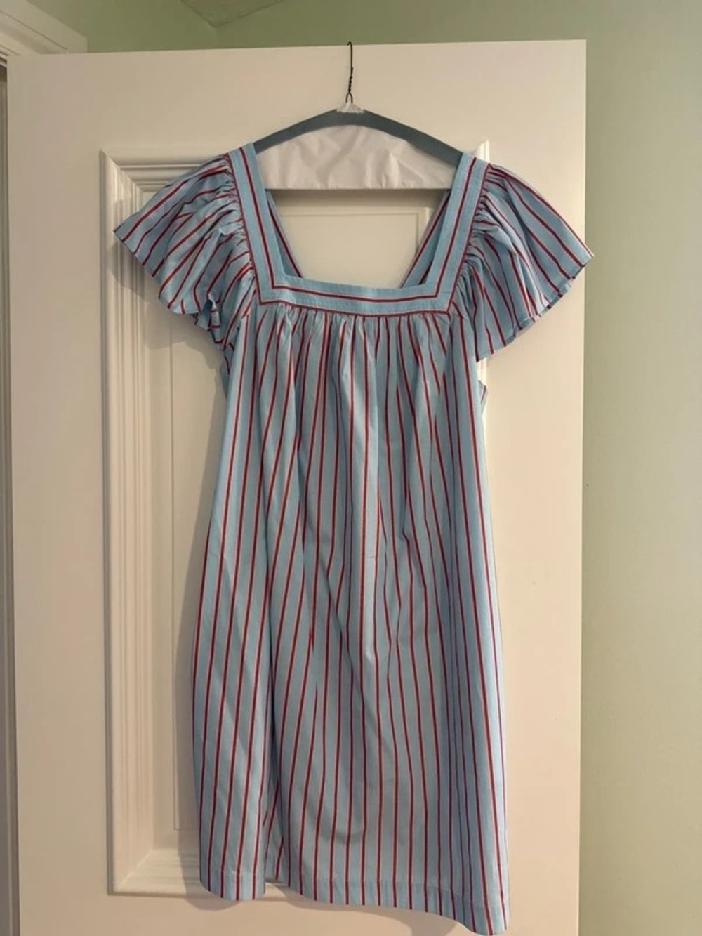 Blue Striped Midi Dress with Red Pinstripes
